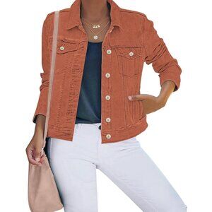 Women's Button Down Stretch Fitted Long Sleeves Denim Jean Jacket Orange Rust